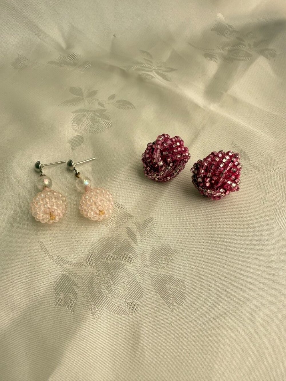 2-Pairs - Vintage Seed Bead Earrings - Pale Pink Dangle & Dark Pink Button Stud